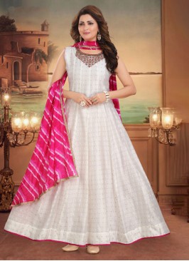 Chanderi Silk Designer White Anarkali Suit