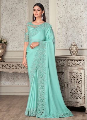 Turquoise Georgette Satin Sequins Embellished Designer Saree