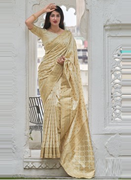 Chic Woven Beige Satin Silk Designer Traditional Saree