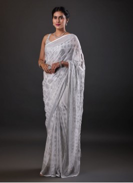 Chiffon Fabric Off White Color Designer Saree