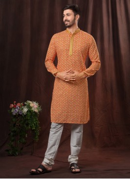 Chikankari Kurta Pajama In Orange Color With Digital Print