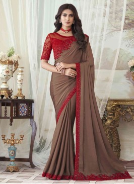 Brown and Red Party Wear Embroidered Silk Saree