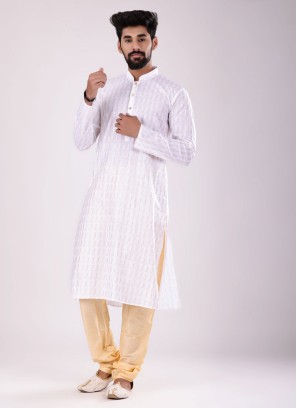 Cotton Fabric Kurta Pajama In White Color