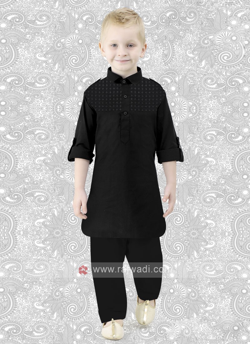 Cotton Silk Boys Pathani in Black