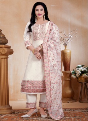 Cream Color Silk Pant Style Salwar Kameez