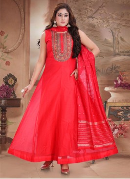 Crimson Chanderi Silk Anarkali Suit
