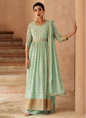 Sea Green Sequins and Zari Embroidered Palazzo Suit
