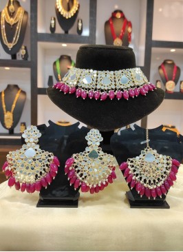 Deep Pink Mirror Studded Necklace Set