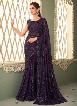 Ravishing Dark Purple Sequins Georgette Saree