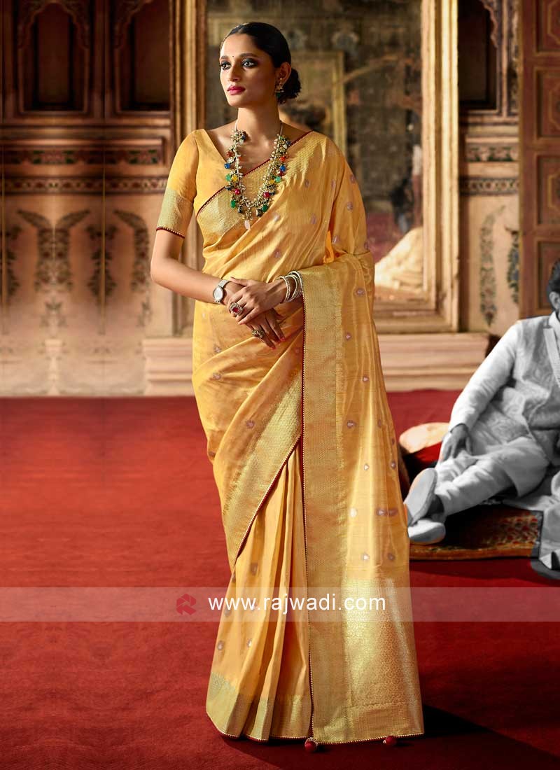Designer Art Raw Silk Golden Yellow Color Saree