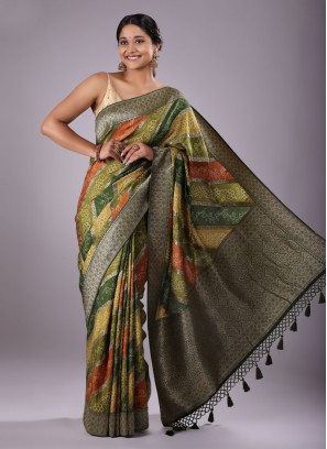 Designer Banarasi Silk Saree In Mehendi Green