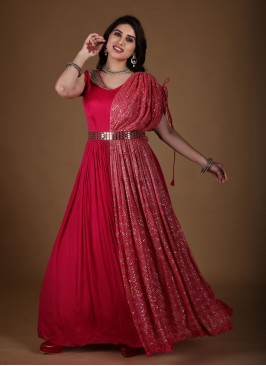 Designer Chiffon Anarkali Suit In Rani Color