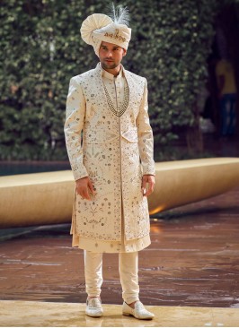 Designer Groom Sherwani In Golden Cream Color