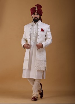 Designer Jacket Style Cream Color Sherwani