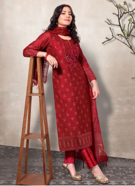 Designer Pant Style Suit In Maroon Color