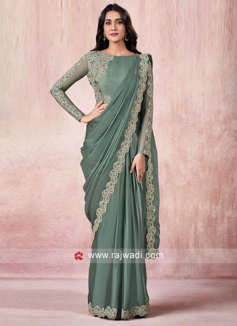 Divine Embroidered Satin Silk Trendy Saree