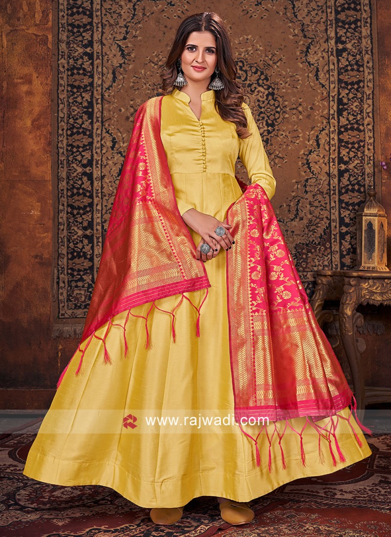 Yellow Art Silk Salwar Kameez with Pink Dupatta