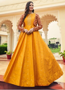 Mustard Sequins Embroidered Gown With Jacket