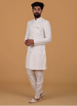 Embroidered Off White Silk Indowestern Set For Men