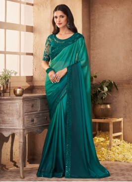 Embroidered Silk Shaded Saree in Green