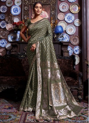 Enchanting Mehndi Green Woven Banarasi Silk Saree