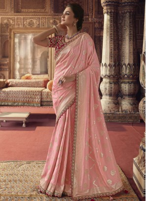 Entrancing Pink Embroidered Wedding Saree