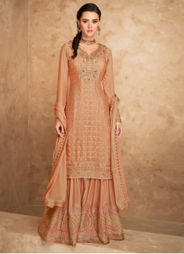 Ethnic Faux Georgette Peach Designer Pakistani Suit