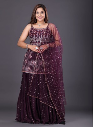 Ethnic Wear Sharara Style Suit In Wine Color