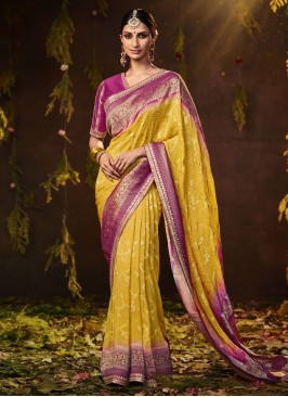 Gorgeous Yellow and Purple Bandhej Silk Saree