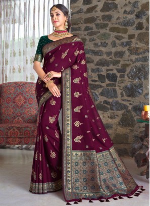 Alluring Purple Woven Silk Saree