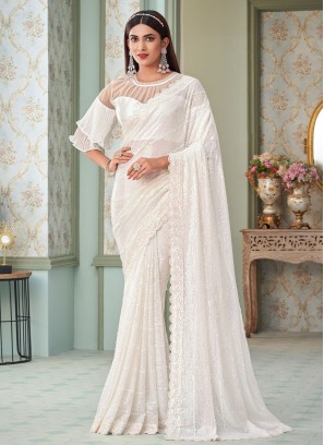 Extraordinary White Sequins Embellished Georgette Saree