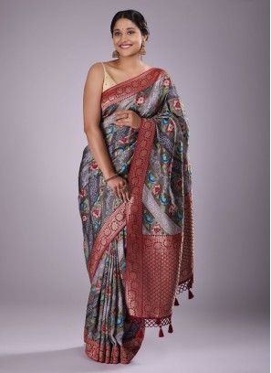 Grey And Maroon Saree In Banarasi Silk