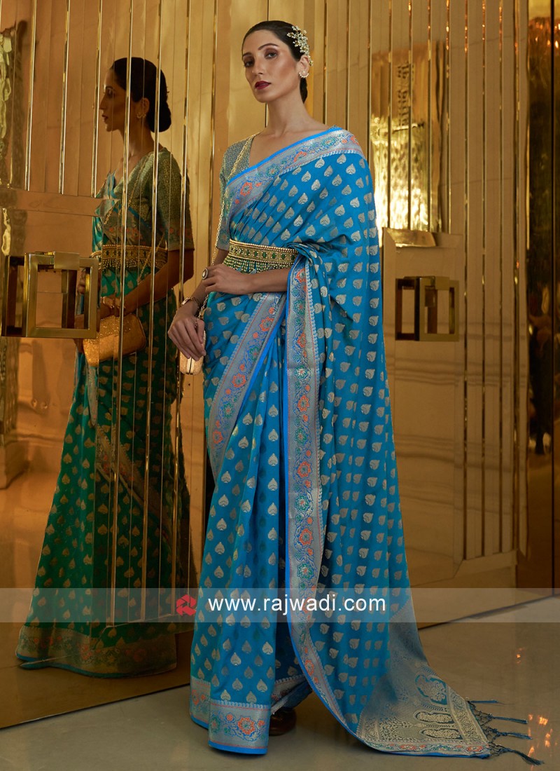 Festal Weaving Silk Aqua Blue Contemporary Saree