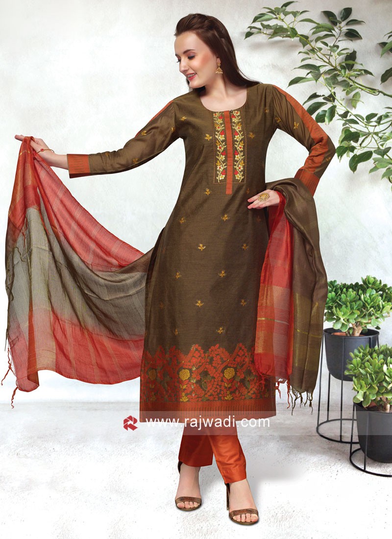 Festive Wear Pant Style Suit In Olive Green Color