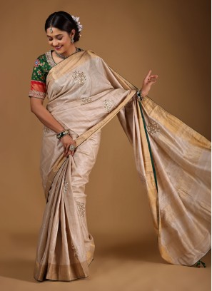 Festive Wear Pure Raw Silk Saree In Golden Cream Color