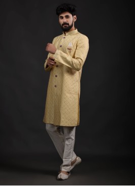 Festive Wear Yellow Indowestern In Art Silk