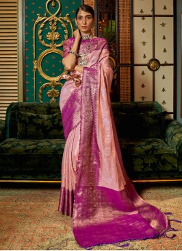 Flattering Purple and Peach Zari Woven Festive Saree