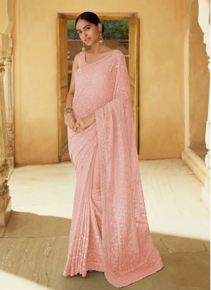 Floral Mirror Georgette Pink Classic Saree