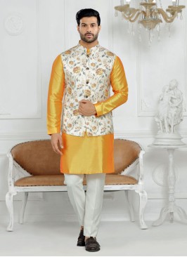 Floral Printed Nehru Jacket In Off White Color