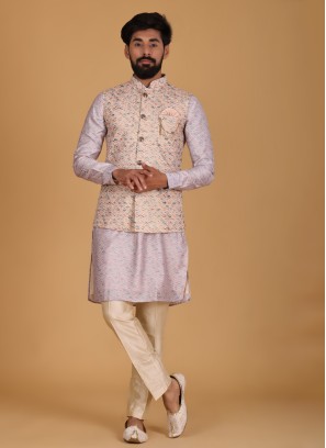 Floral Work Nehru Jacket Set In Silk Fabric