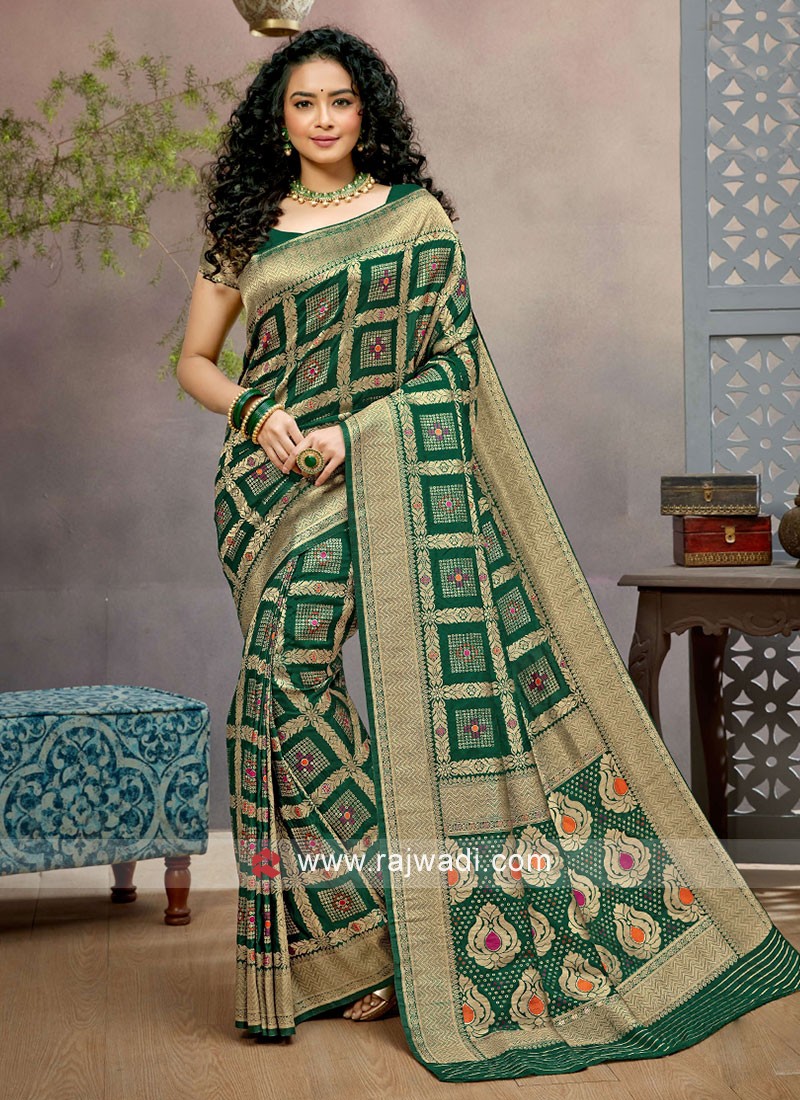 Gharchola Style Dark Green Color Banarasi Silk Saree