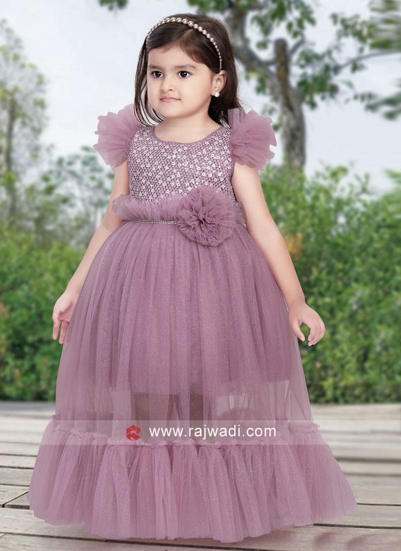 Girls Light Purple Gown In Net With Frill Sleeves