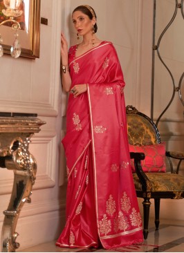 Beautiful Pink Woven Satin Saree