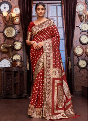 Classy Maroon Banarasi Woven Silk Saree