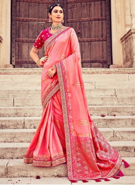 Pretty Pink Woven Silk Contemporary Saree