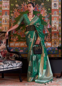 Green Handloom Weaving Organza Saree