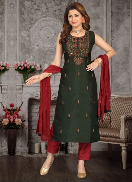 Green Color Pant Style Suit In Art Silk Fabric