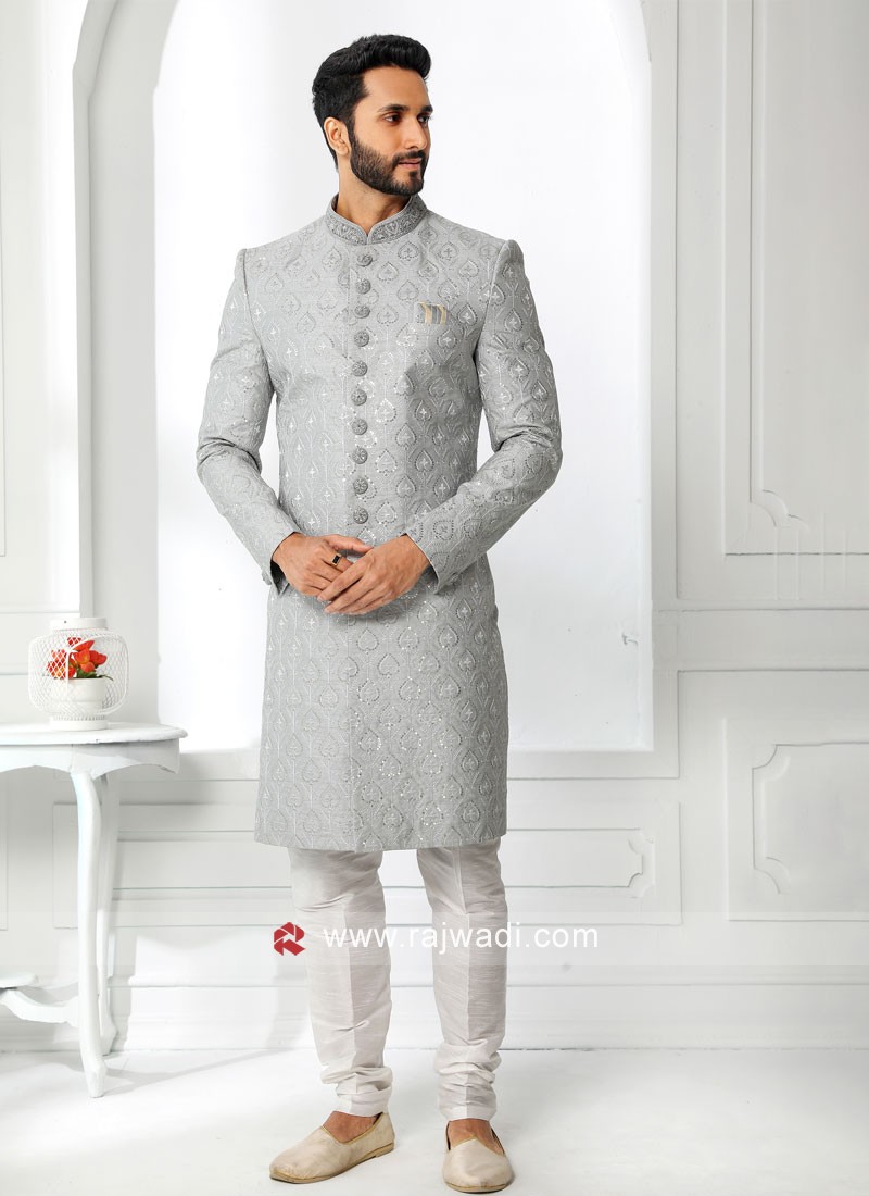 Grey Embroidered Sherwani For Wedding