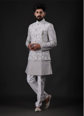 Grey Nehru Jacket Set In Linen With Thread Embroidered Work