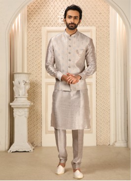 Grey Readymade Thread Embroidered Nehru Jacket Set